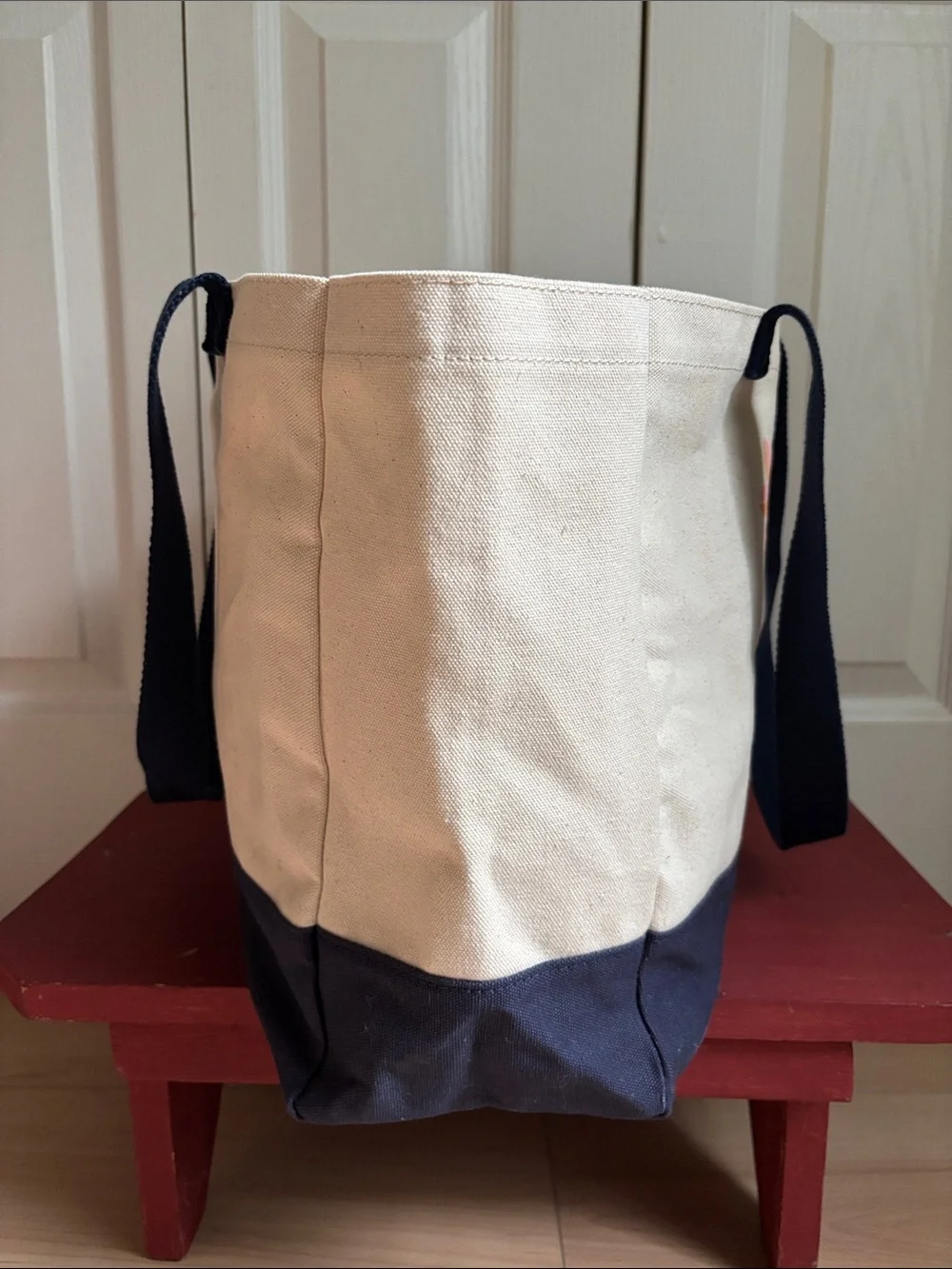 Life Is Good Canvas Tote. Blue & Off White With Floral Print.